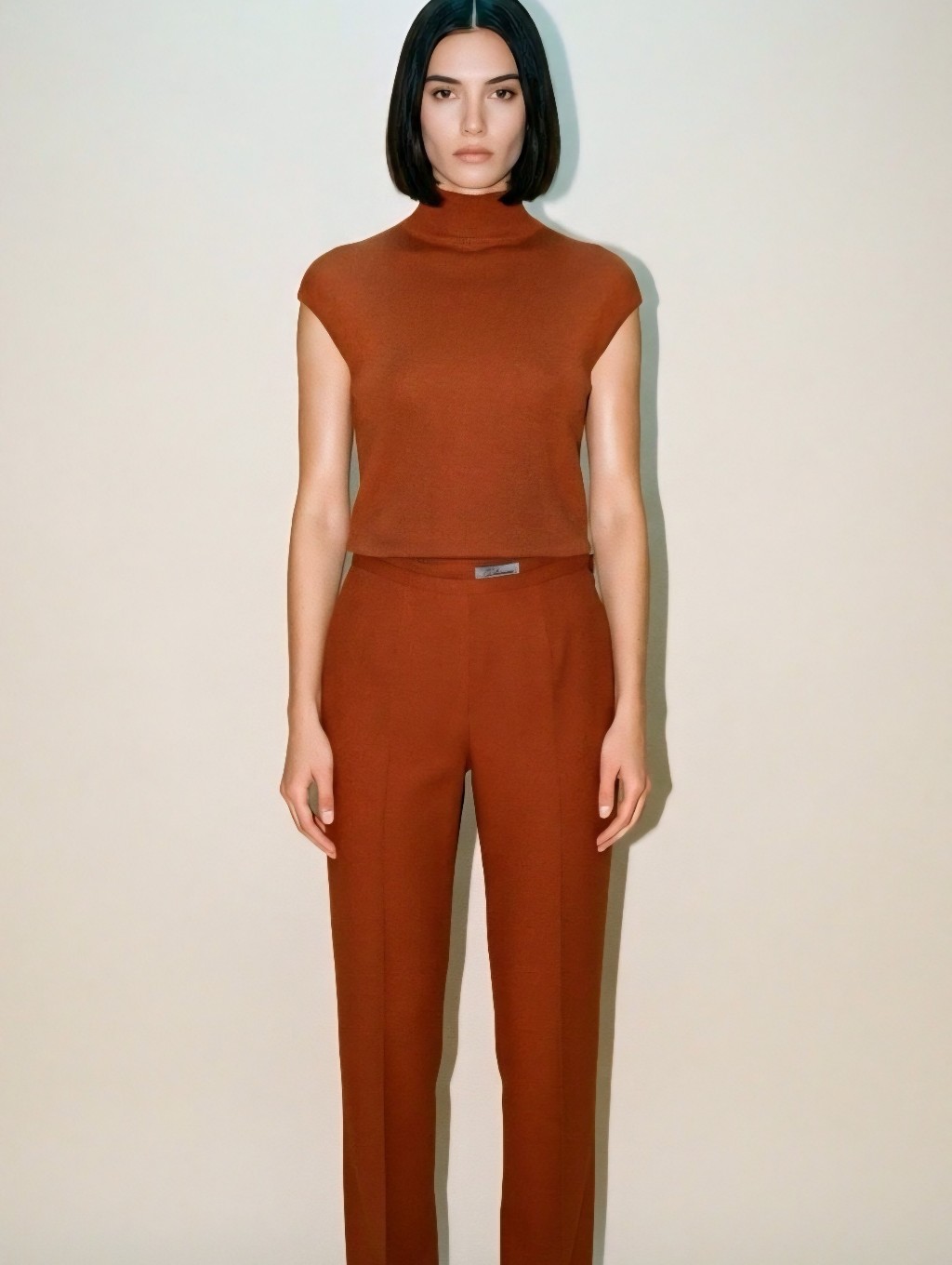 2 Pieces Set Sleeveless Turtleneck Knit Top And Tailored Pants Set - Rust 12